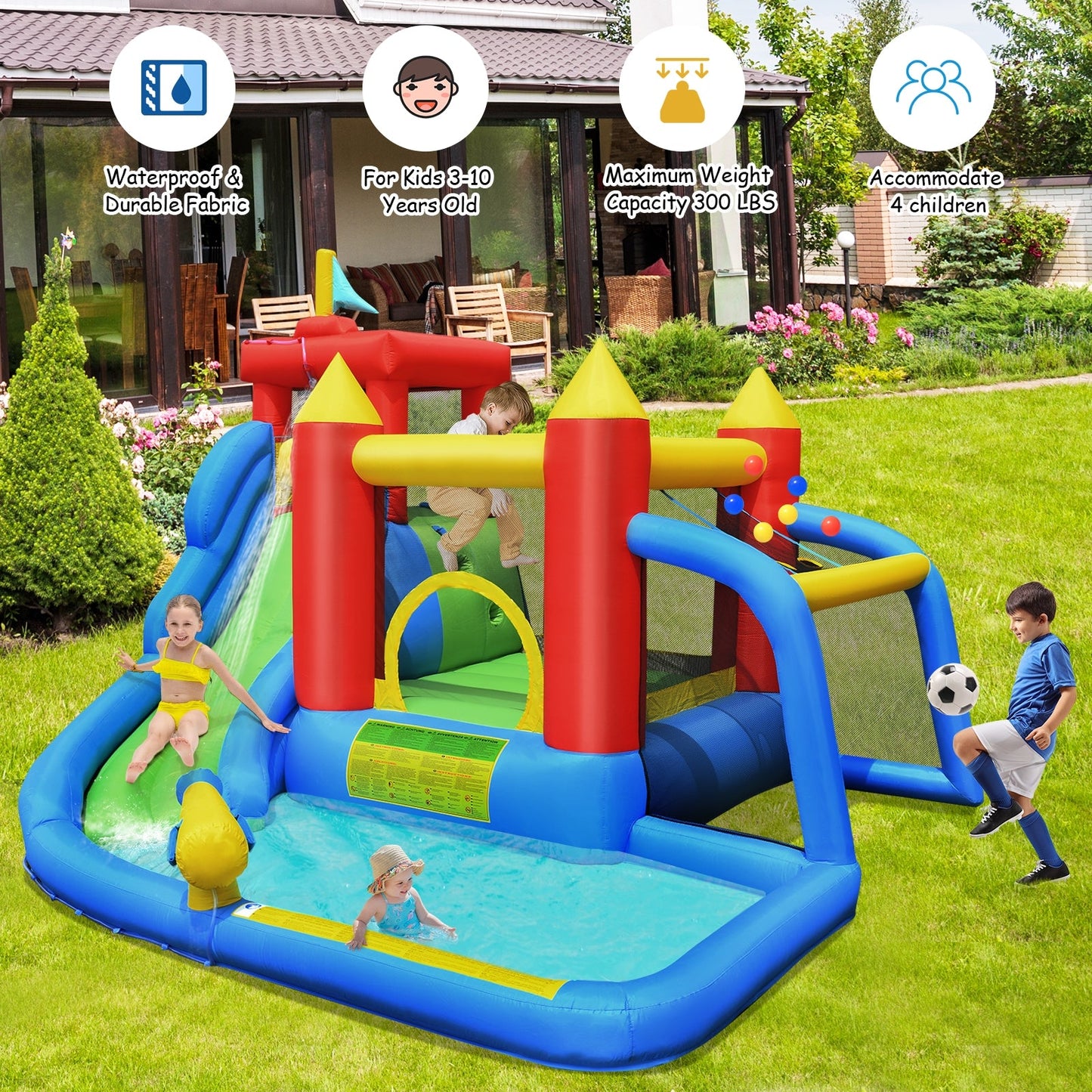 Casa Inflable de Salto y Piscina Splash con Tobogán de Agua