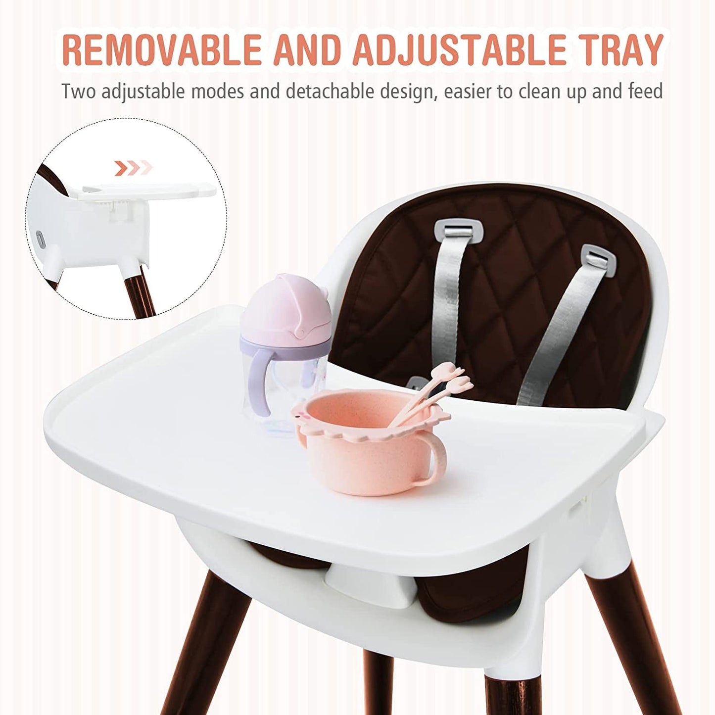 3-In-1 Adjustable Baby High Chair with Soft Cushion - Brown