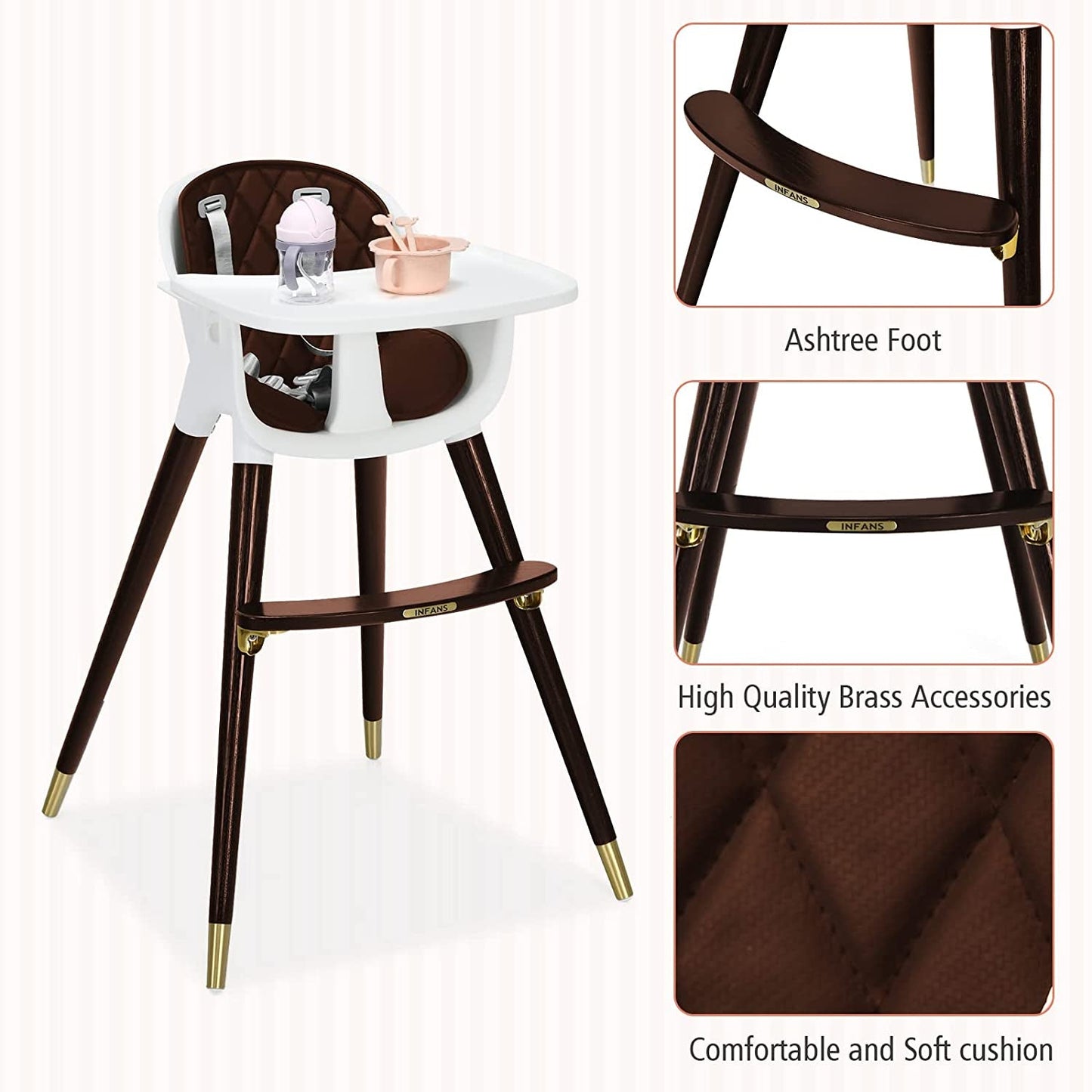 3-In-1 Adjustable Baby High Chair with Soft Cushion - Brown