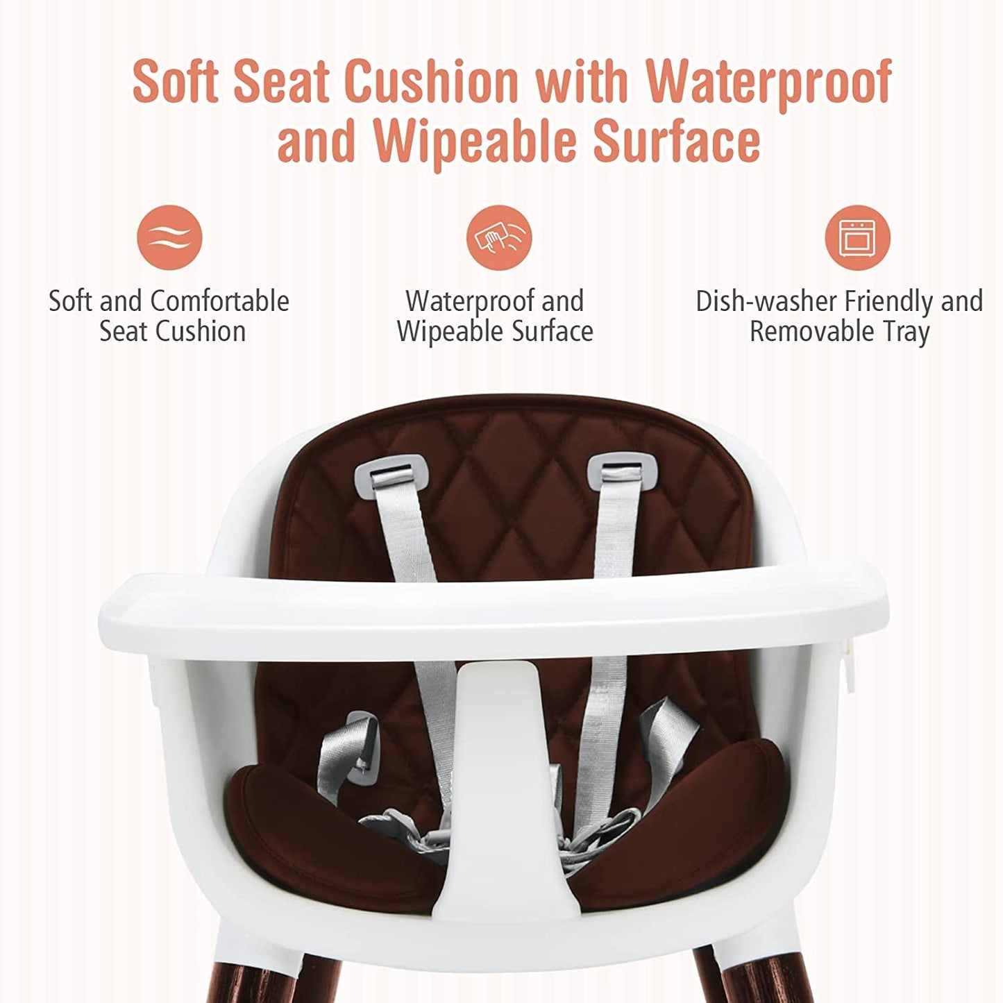 3-In-1 Adjustable Baby High Chair with Soft Cushion - Brown