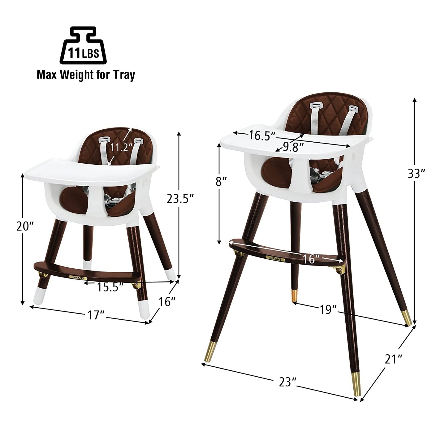 3-In-1 Adjustable Baby High Chair with Soft Cushion - Brown