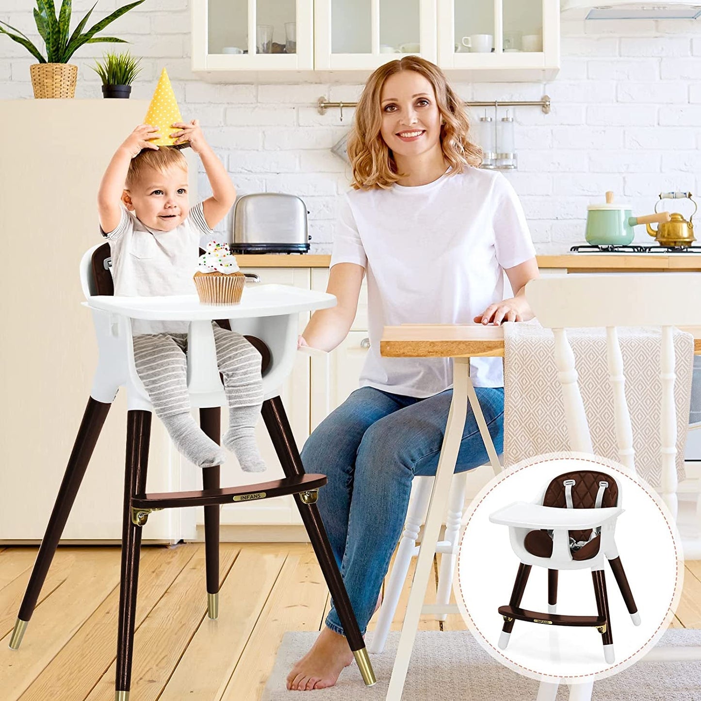 3-In-1 Adjustable Baby High Chair with Soft Cushion - Brown