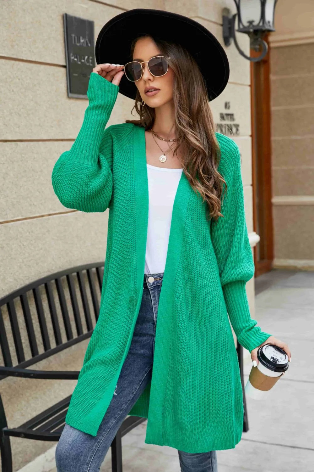 Open Front Lantern Sleeve Cardigan - Korvel