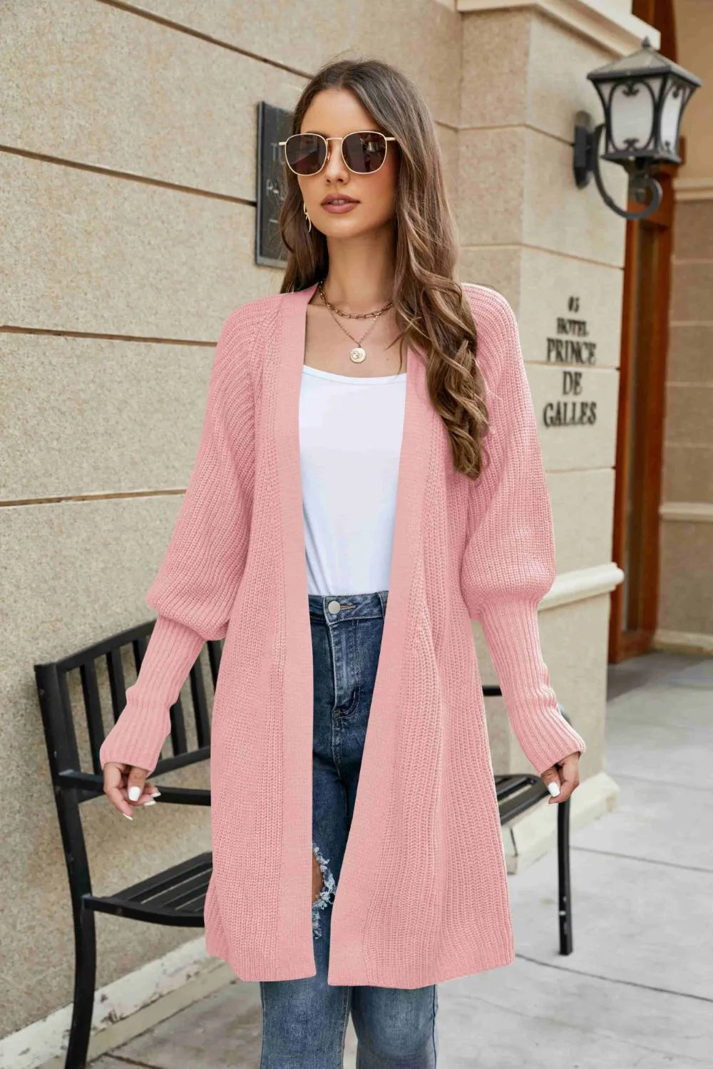 Open Front Lantern Sleeve Cardigan - Korvel