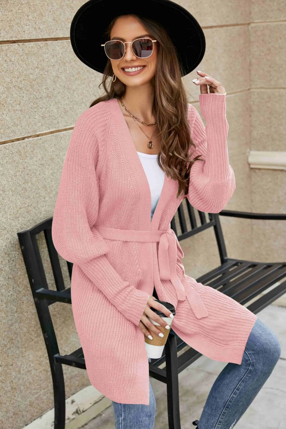 Open Front Lantern Sleeve Cardigan - Korvel