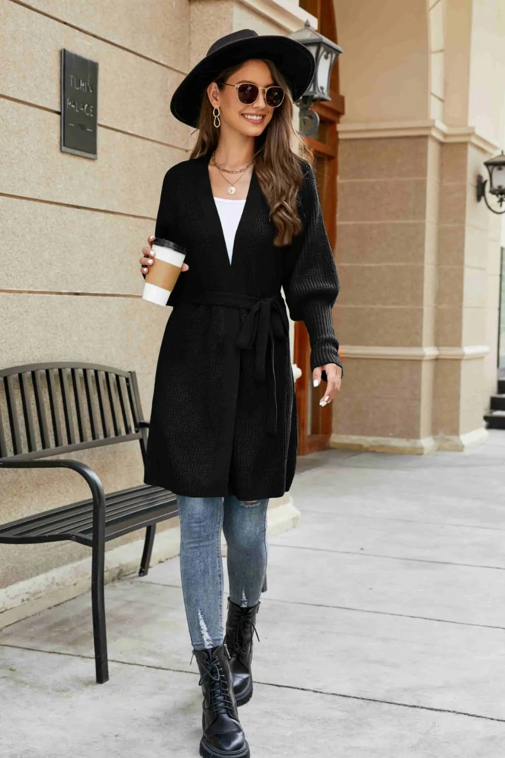 Open Front Lantern Sleeve Cardigan - Korvel