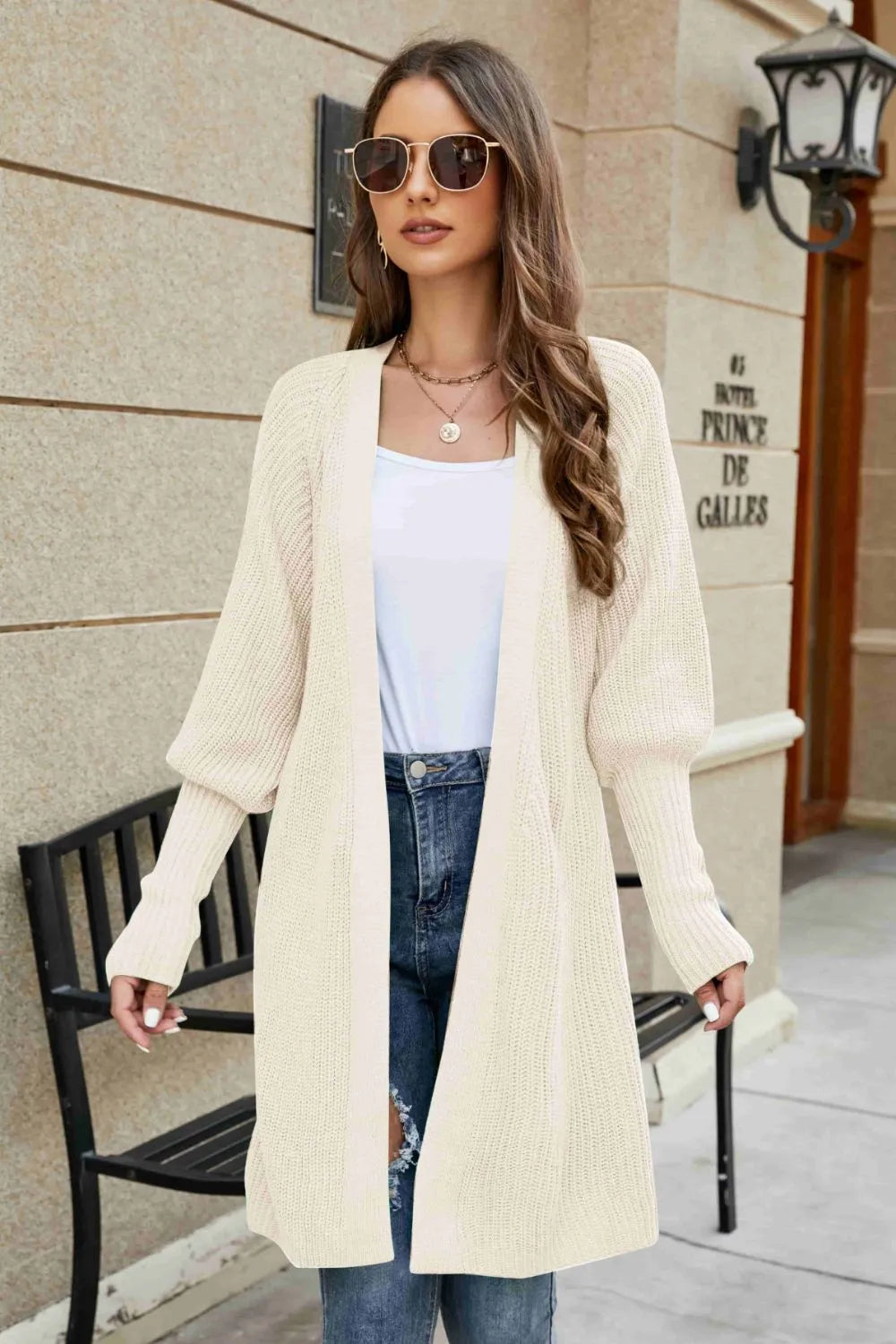 Open Front Lantern Sleeve Cardigan - Korvel