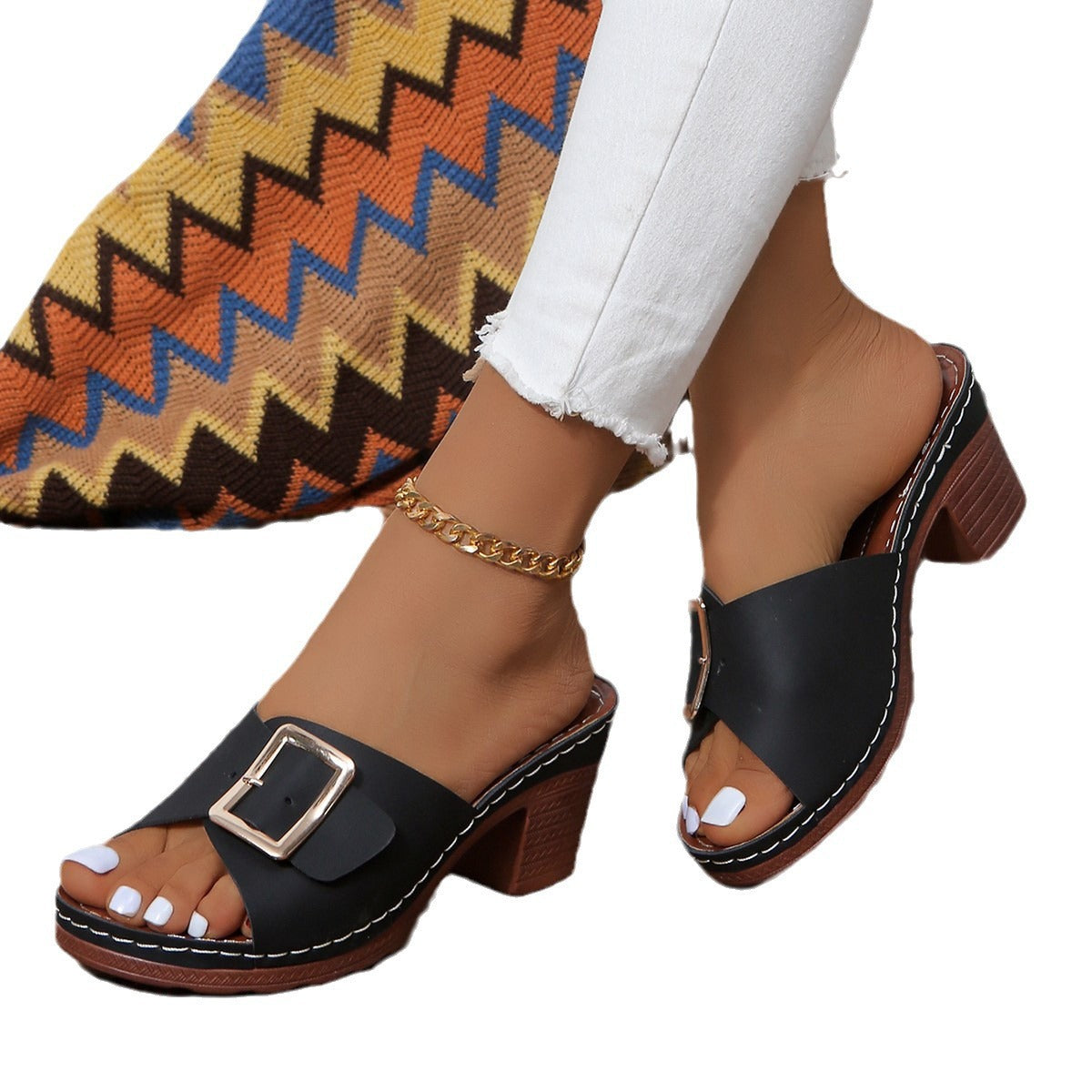 Open Toe Block Heel Buckle Sandals - Korvel