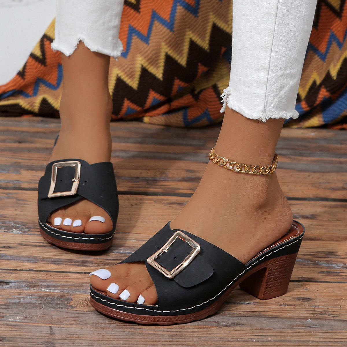 Open Toe Block Heel Buckle Sandals - Korvel