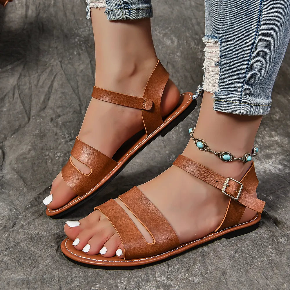 Open Toe Buckle Flat Sandals - Korvel