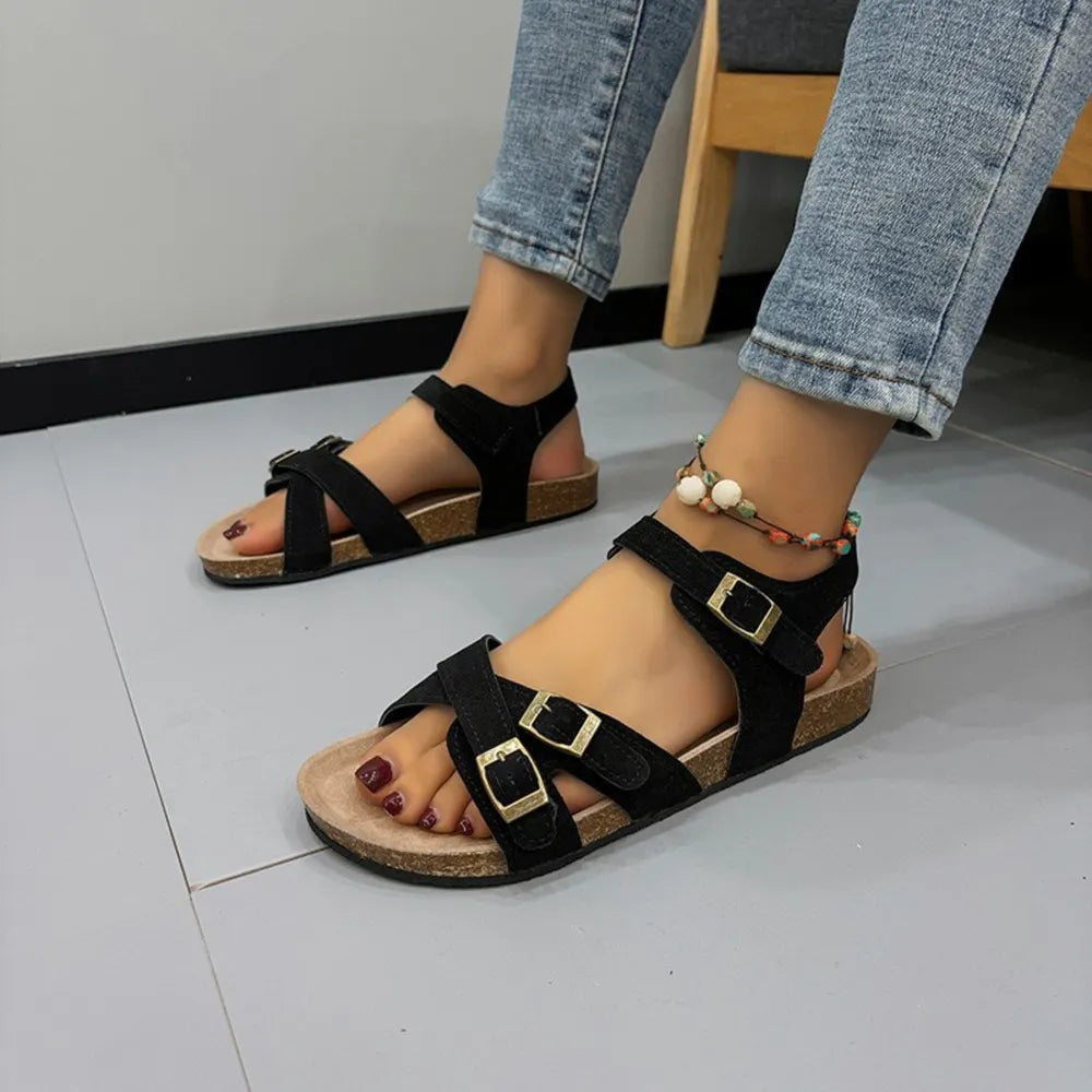 Open Toe Flat Buckle Sandals - Korvel