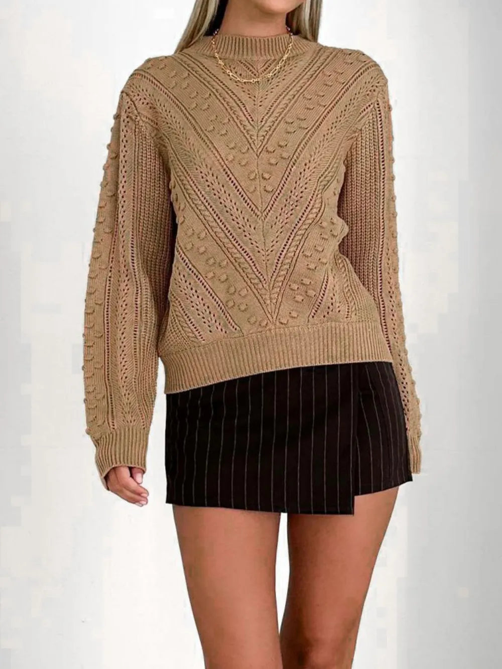 Openwork Round Neck Long Sleeve Sweater - Korvel