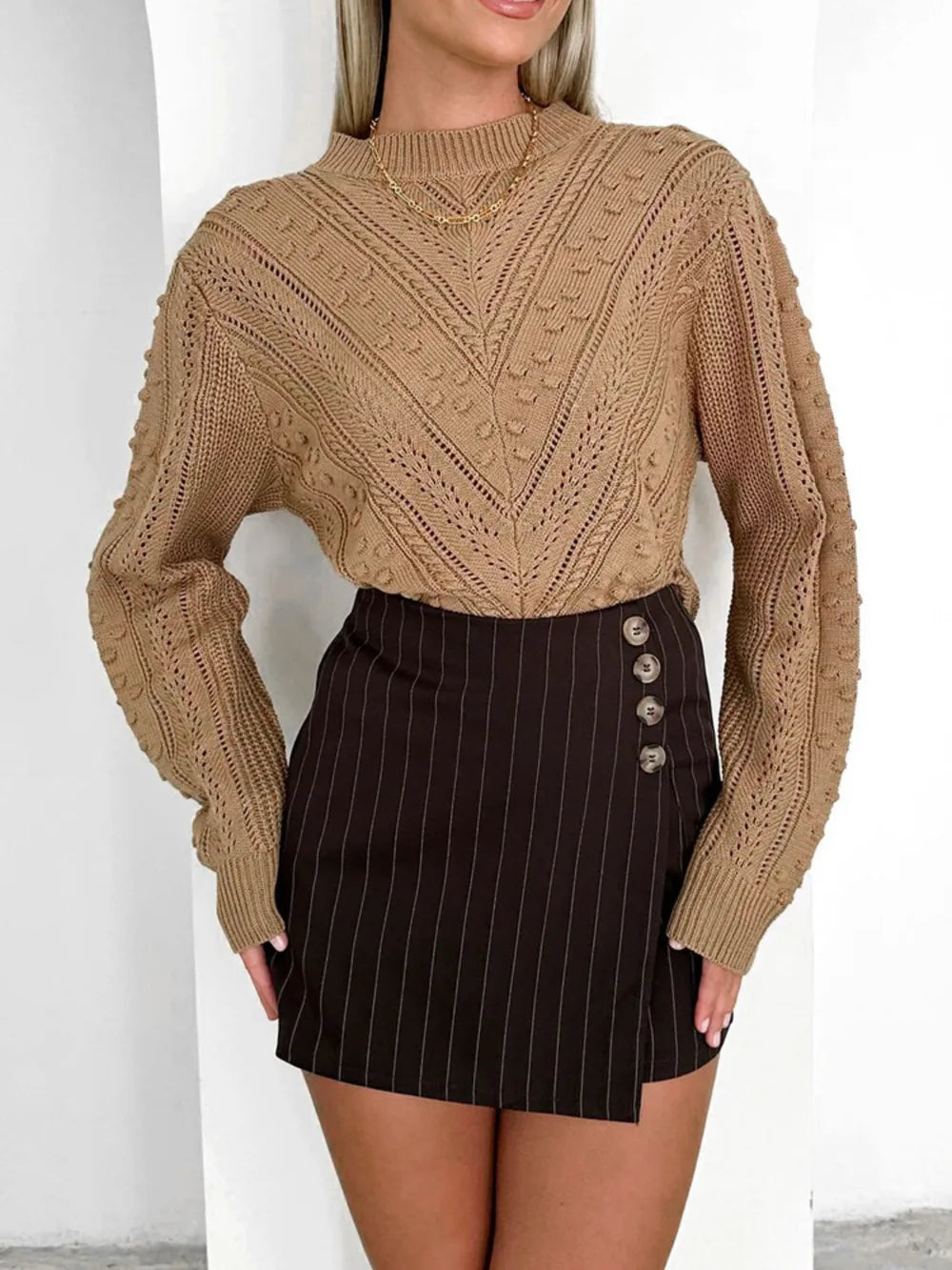 Openwork Round Neck Long Sleeve Sweater - Korvel