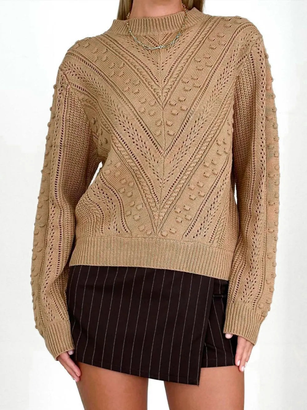 Openwork Round Neck Long Sleeve Sweater - Korvel