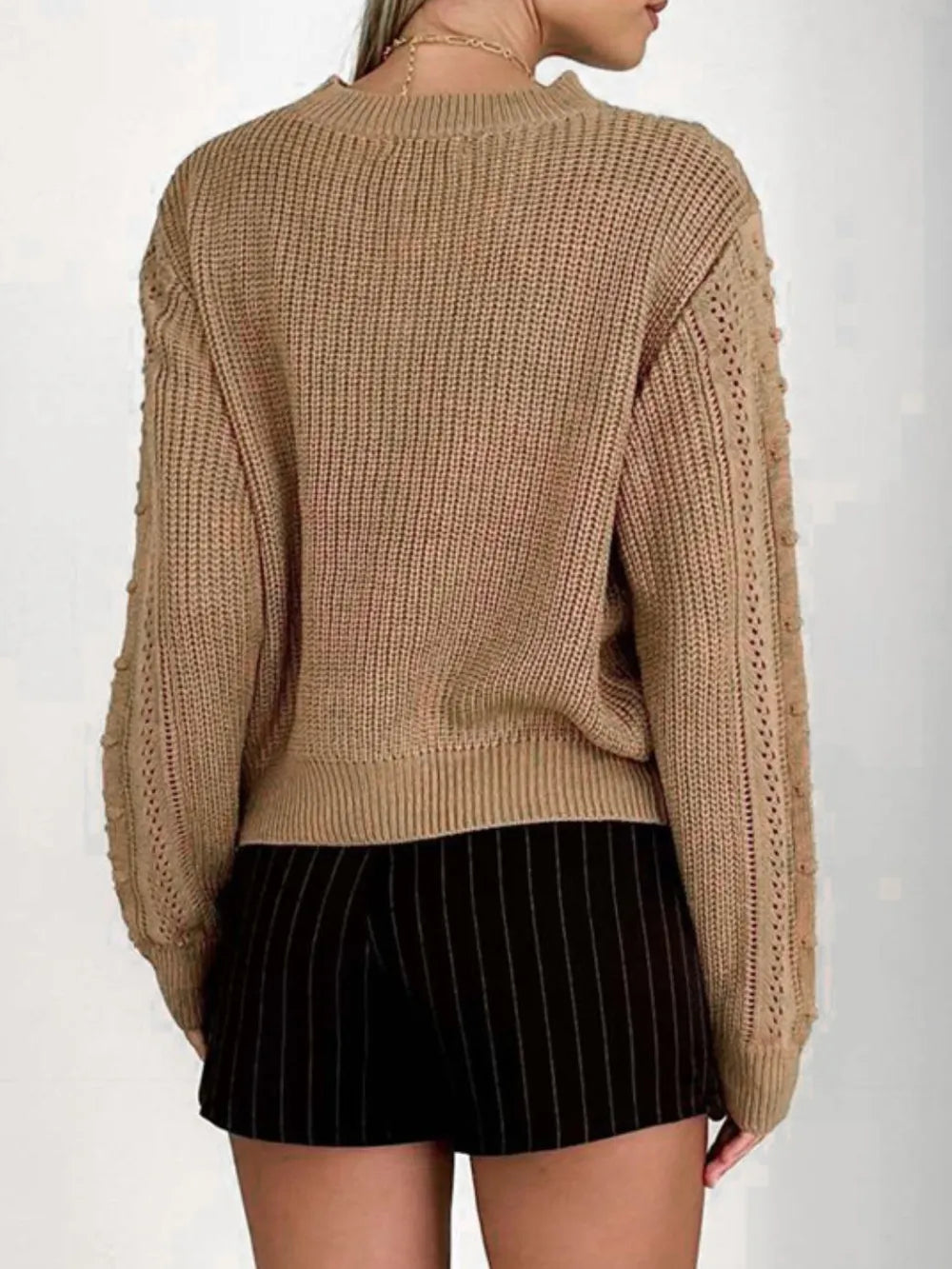 Openwork Round Neck Long Sleeve Sweater - Korvel