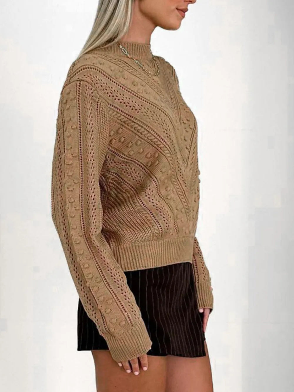 Openwork Round Neck Long Sleeve Sweater - Korvel