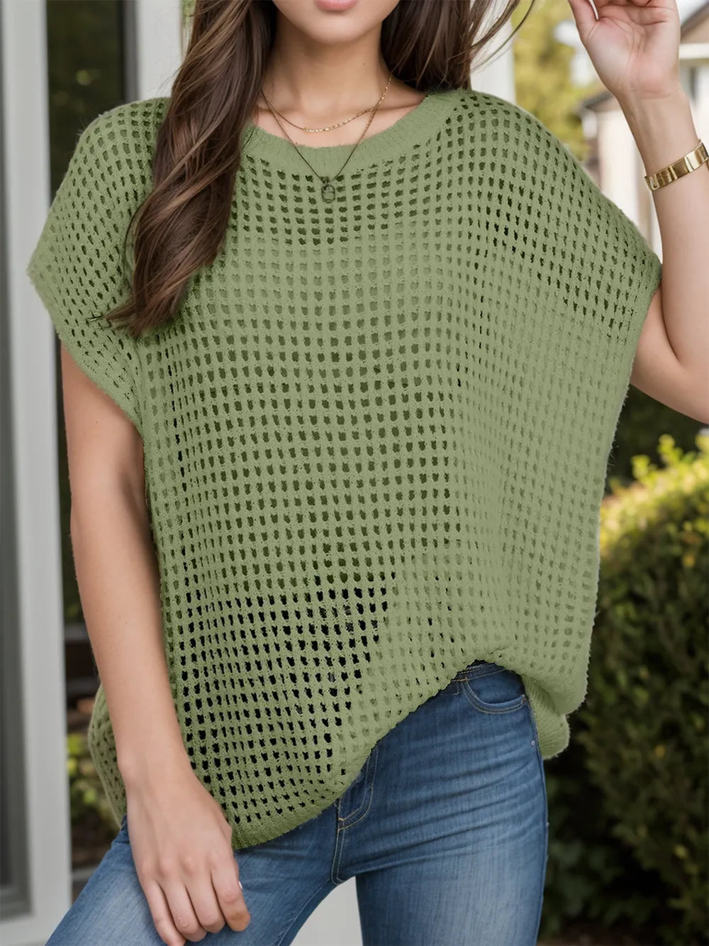 Openwork Round Neck Short Sleeve Cover-Up - Korvel