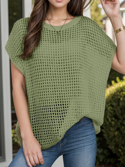 Openwork Round Neck Short Sleeve Cover-Up - Korvel