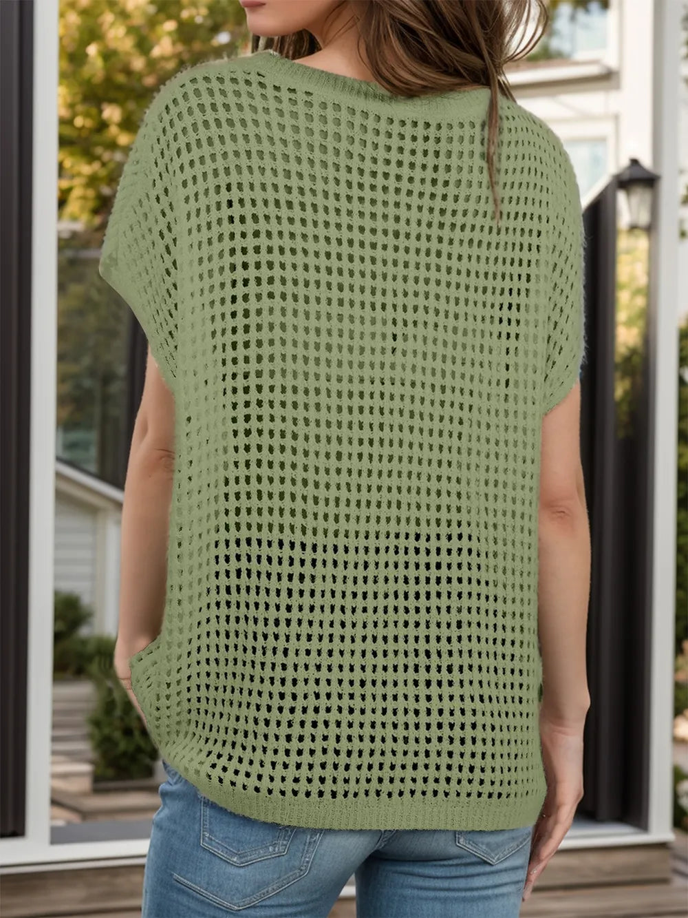 Openwork Round Neck Short Sleeve Cover-Up - Korvel