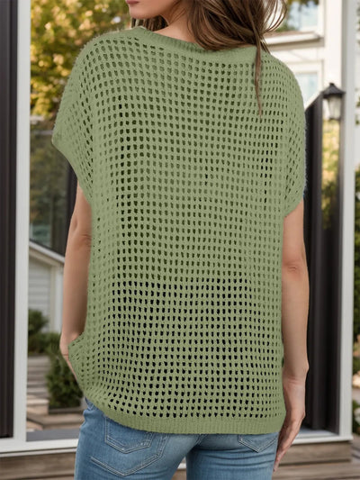 Openwork Round Neck Short Sleeve Cover-Up - Korvel
