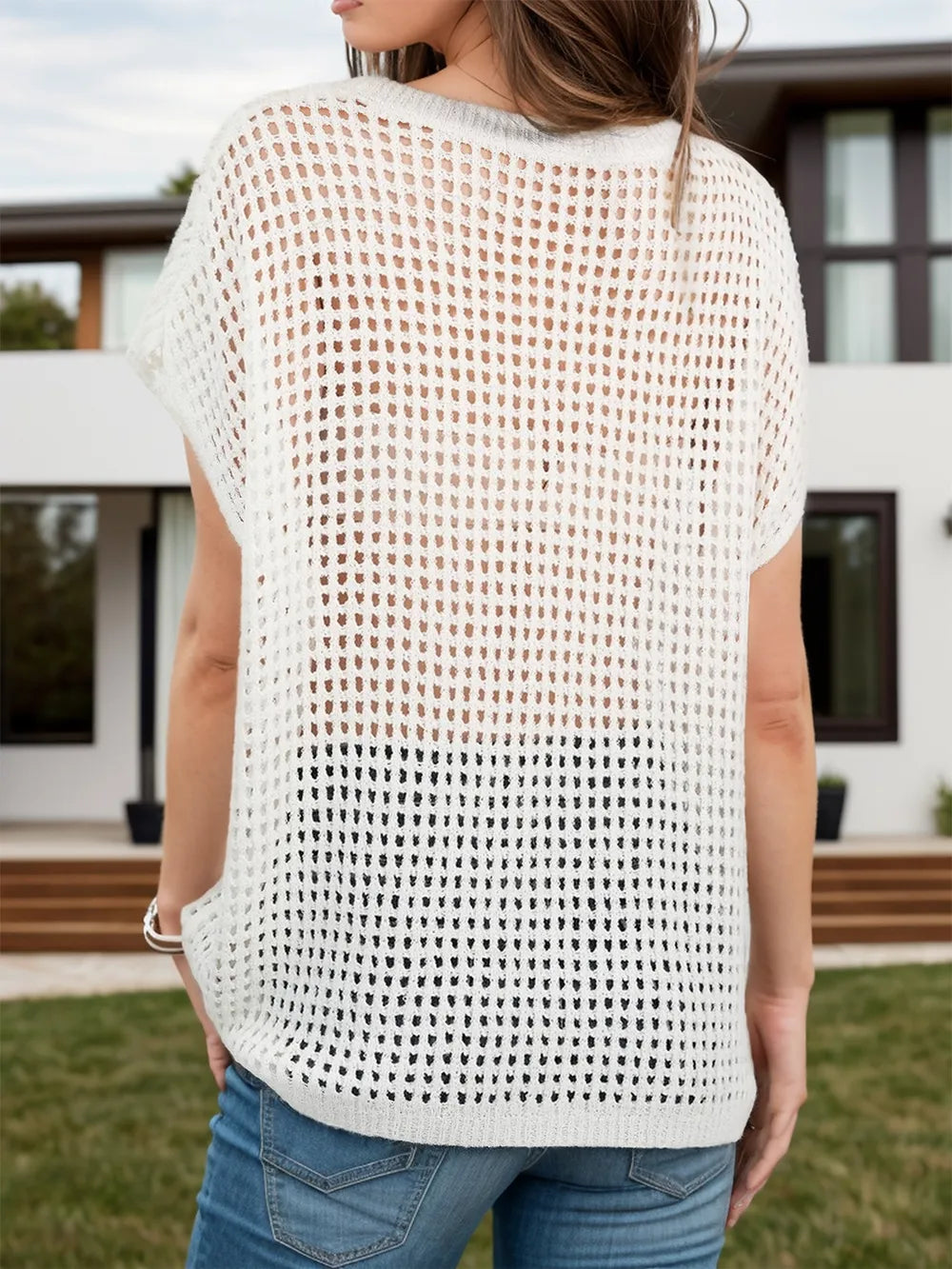 Openwork Round Neck Short Sleeve Cover-Up - Korvel