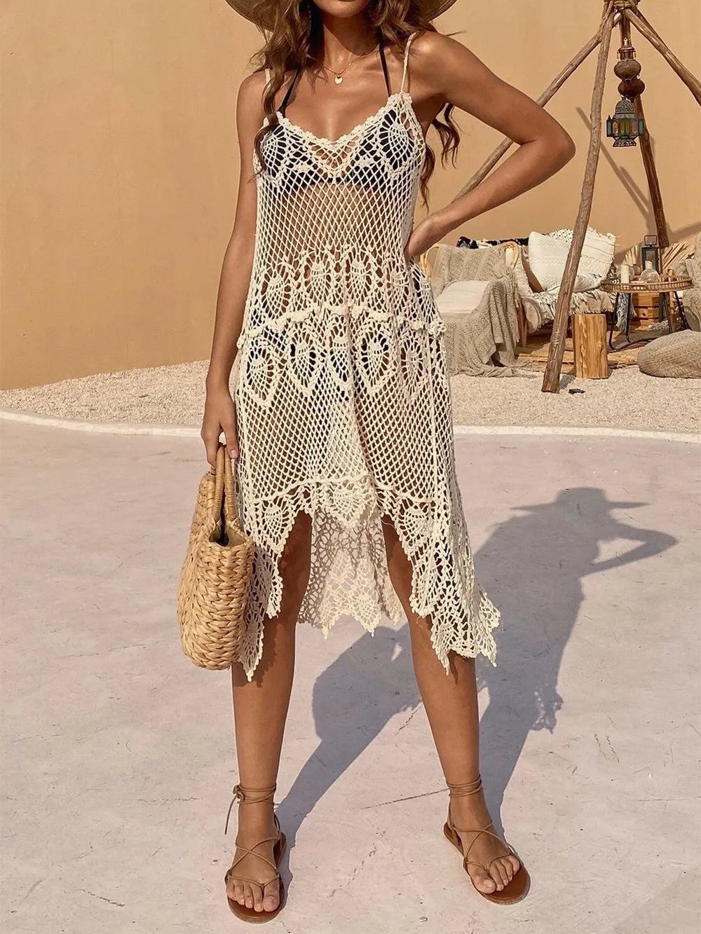 Openwork Scoop Neck Spaghetti Strap Cover-Up Dress - Korvel