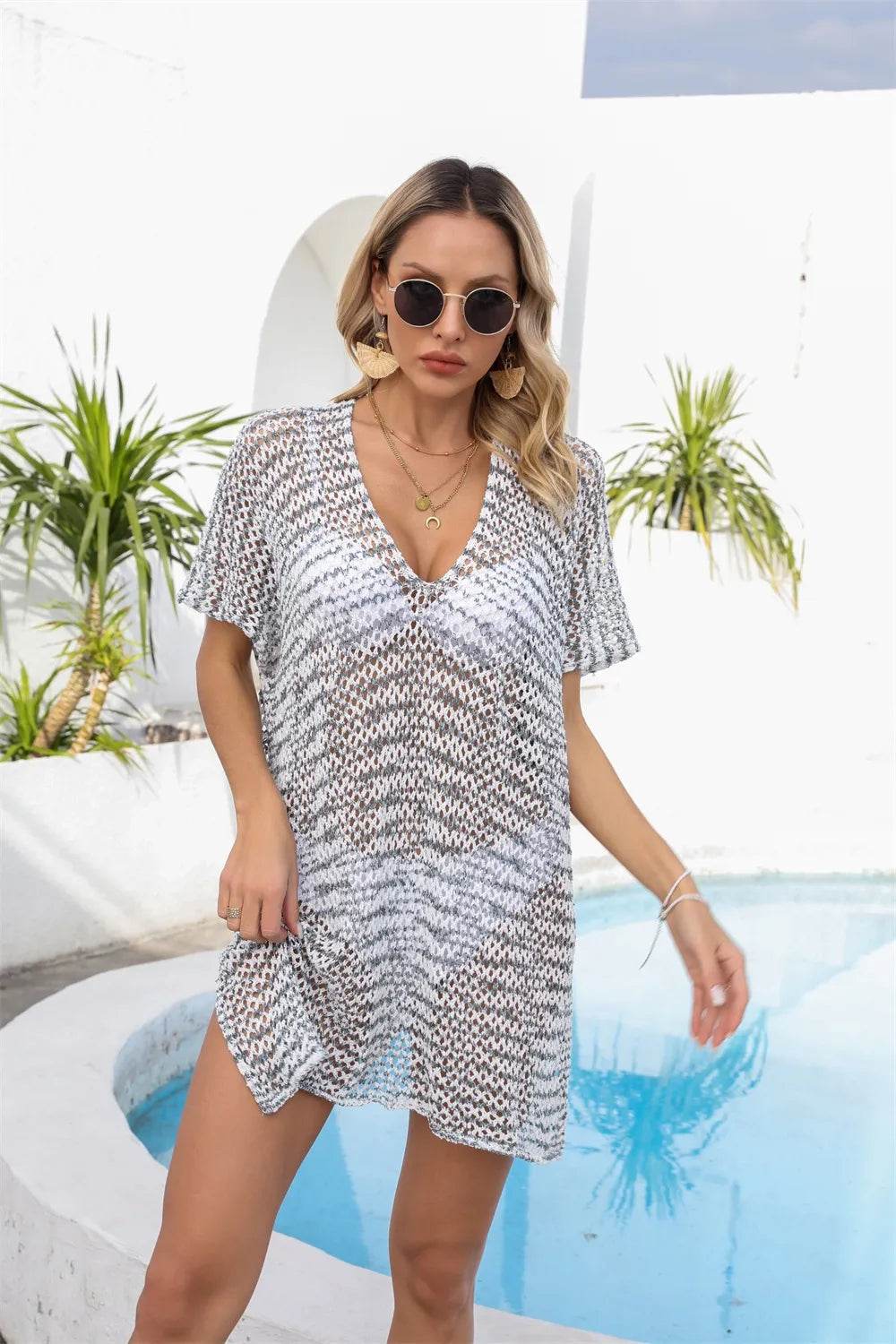 Openwork V-Neck Short Sleeve Cover Up - Korvel