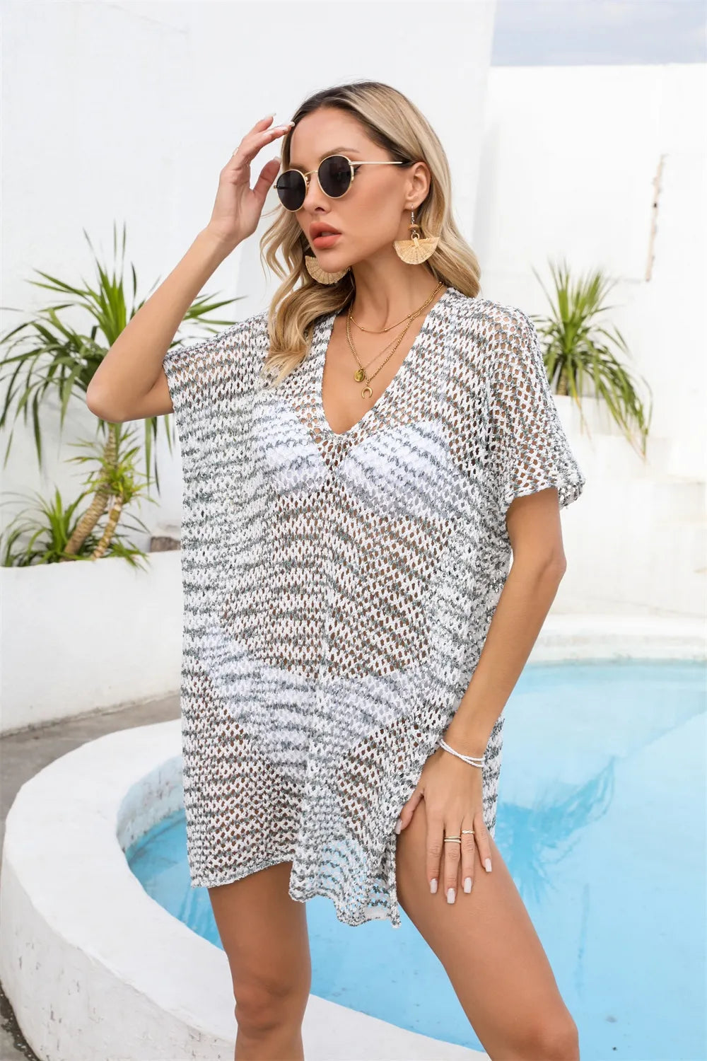 Openwork V-Neck Short Sleeve Cover Up - Korvel