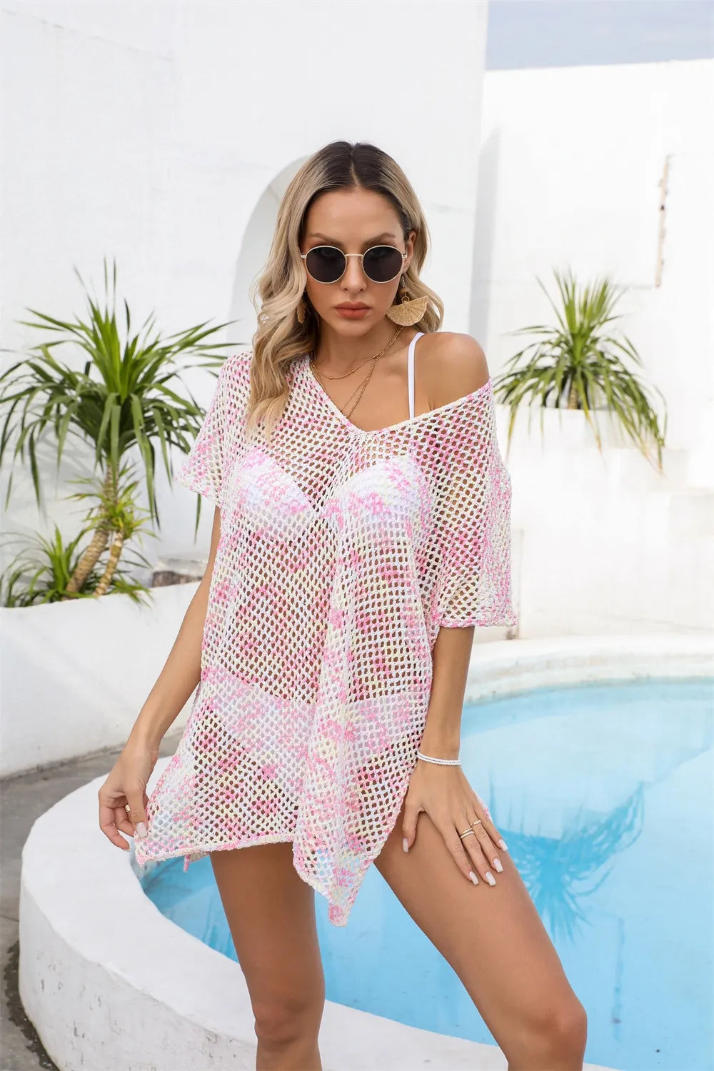 Openwork V-Neck Short Sleeve Cover Up - Korvel