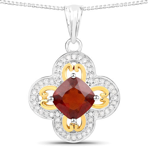 Pendentif en Hessonite et Diamant de 1,63 Carat en Or 18K et Argent Sterling