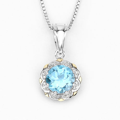 Colgante de Topacio Azul Suizo de 2.32 Quilates y Diamantes en Oro de 14K y Plata Esterlina