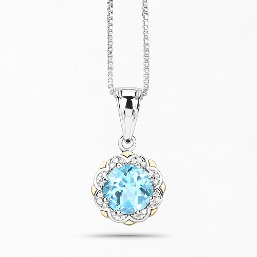 Colgante de Topacio Azul Suizo de 2.32 Quilates y Diamantes en Oro de 14K y Plata Esterlina