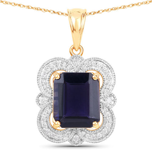 4.07 Carat Iolite and Diamond 14K Yellow Gold Pendant