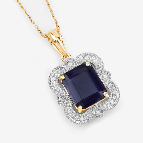 4.07 Carat Iolite and Diamond 14K Yellow Gold Pendant