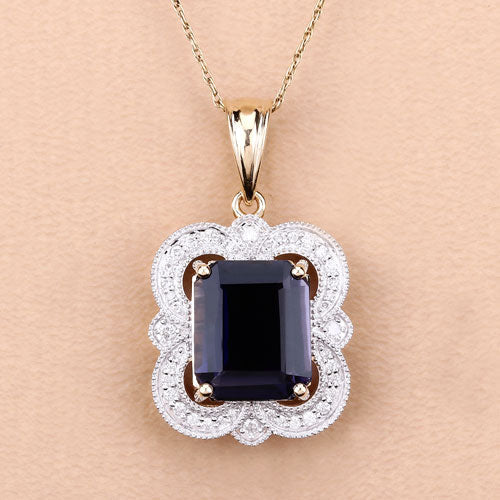 4.07 Carat Iolite and Diamond 14K Yellow Gold Pendant