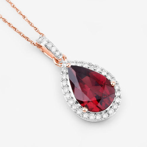 Pendentif en rhodolite véritable de 3,29 carats et diamants blancs en or rose 14K