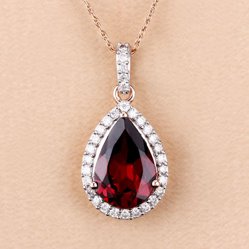 Pendentif en rhodolite véritable de 3,29 carats et diamants blancs en or rose 14K