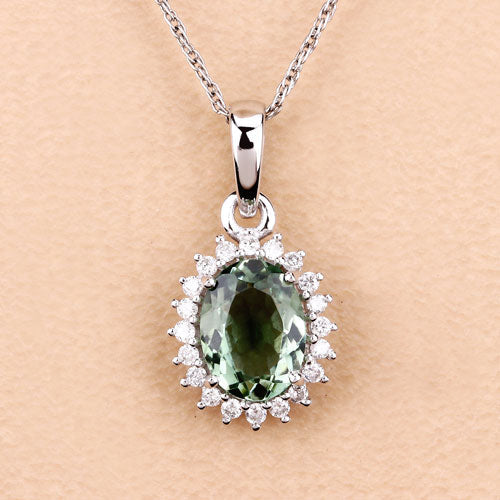 1.39 Carat Green Tourmaline and Diamond 14K White Gold Pendant