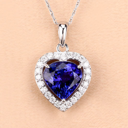 3.74 Carat Genuine Tanzanite and White Diamond Pendant in 14K White Gold