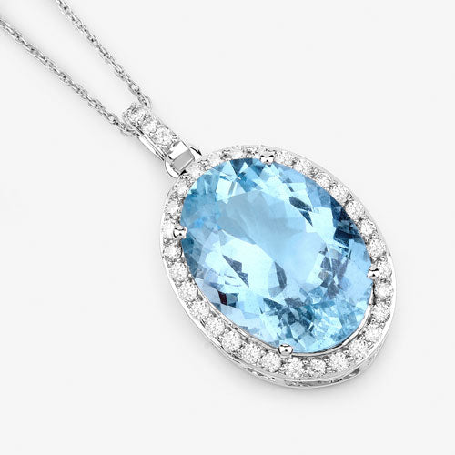 9.59 Carat Genuine Aquamarine and Diamond Pendant in 14K White Gold