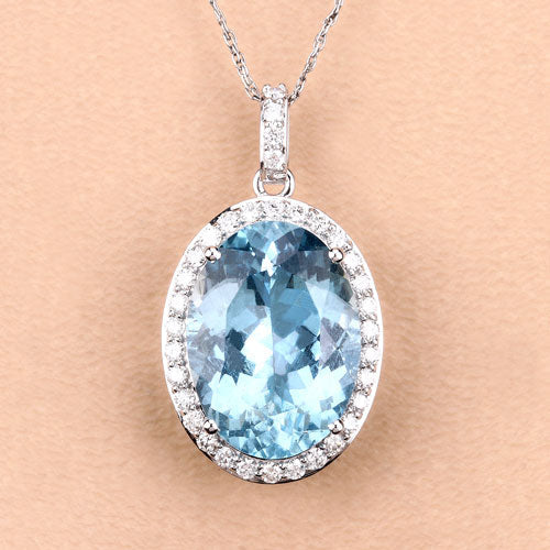 9.59 Carat Genuine Aquamarine and Diamond Pendant in 14K White Gold