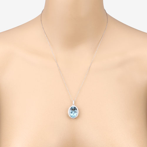 9.59 Carat Genuine Aquamarine and Diamond Pendant in 14K White Gold