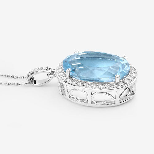 9.59 Carat Genuine Aquamarine and Diamond Pendant in 14K White Gold