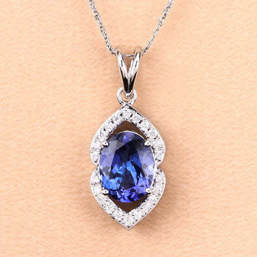 2.44 Carat Genuine Tanzanite and White Diamond Pendant in 14K White Gold