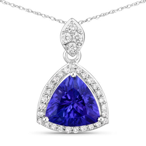 1.71 Carat Genuine Tanzanite and White Diamond Pendant in 14K White Gold