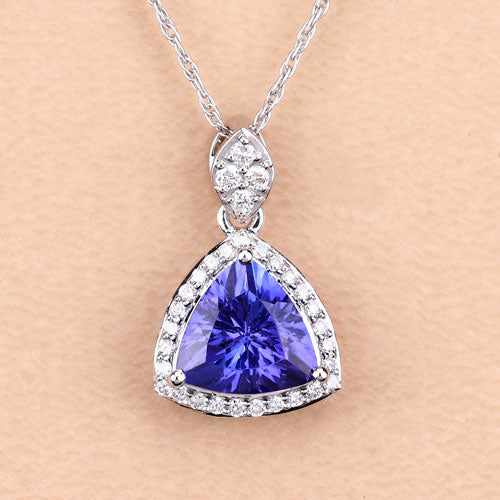 1.71 Carat Genuine Tanzanite and White Diamond Pendant in 14K White Gold