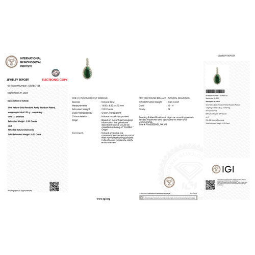 IGI Certified 3.22 Carat Zambian Emerald & Diamond 14K Gold Pendant
