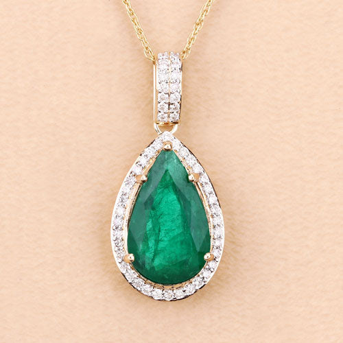 IGI Certified 3.22 Carat Zambian Emerald & Diamond 14K Gold Pendant
