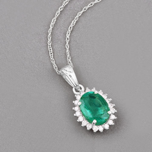 1.36 Carat Genuine Zambian Emerald & Diamond 10K White Gold Pendant