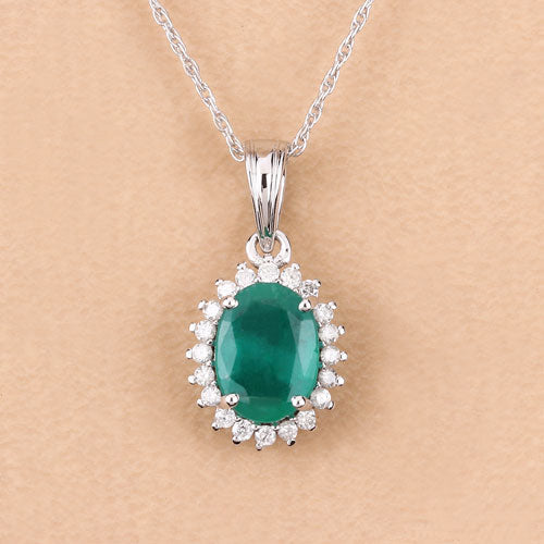 1.36 Carat Genuine Zambian Emerald & Diamond 10K White Gold Pendant